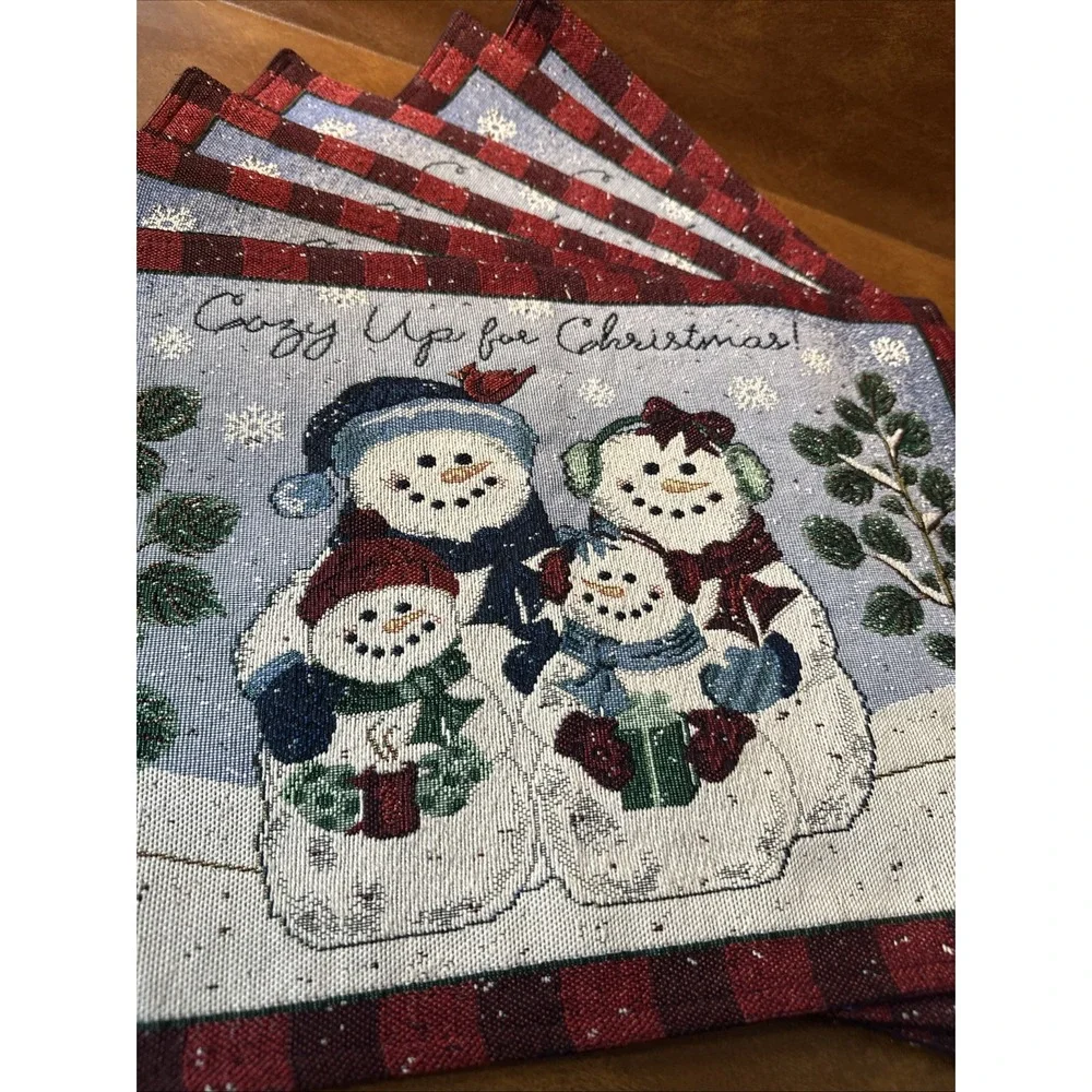 Christmas Winter Wonderland Tapestry Placemats Set of 6 Snowman Family& Cardinal